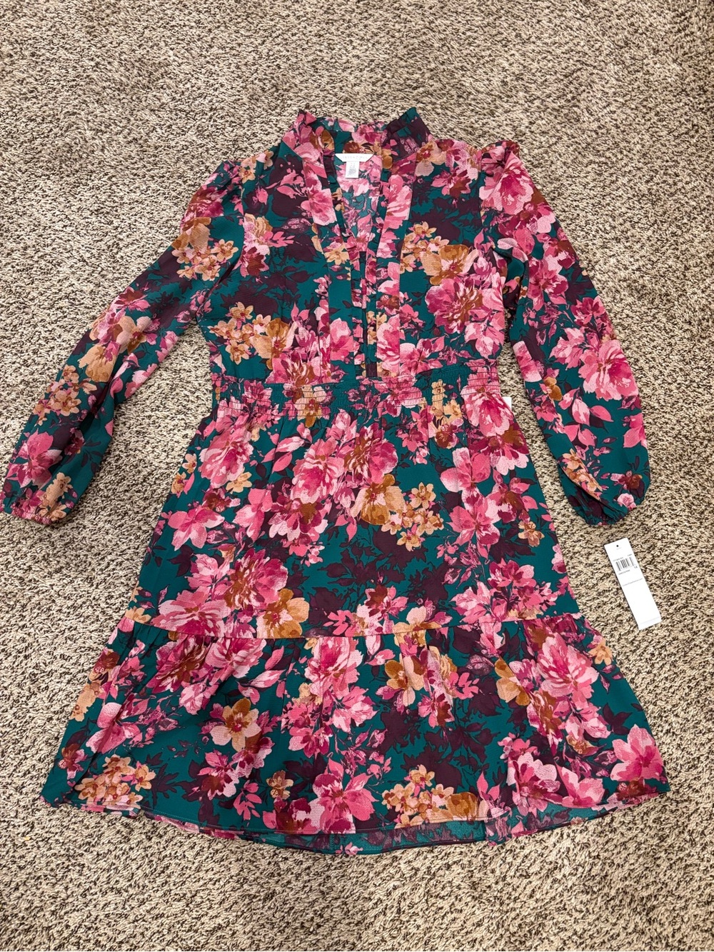 Women’s Teal Floral Long-Sleeve Dress with Pink & Coral Blooms